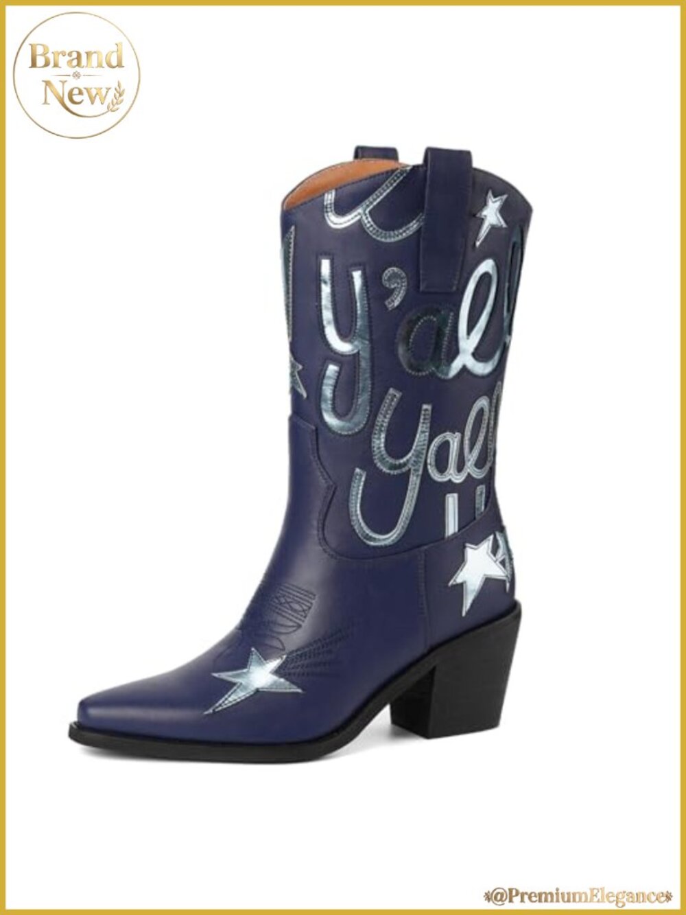 Mid Calf Cowboy Boots Pointed Toe Chunky Heel Faux Leather Pull On